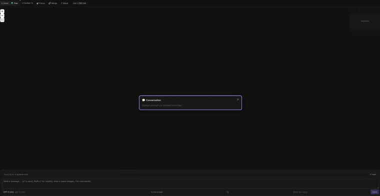 Lacis demo: branching an AI conversation in VS Code, with the context tree following every branch